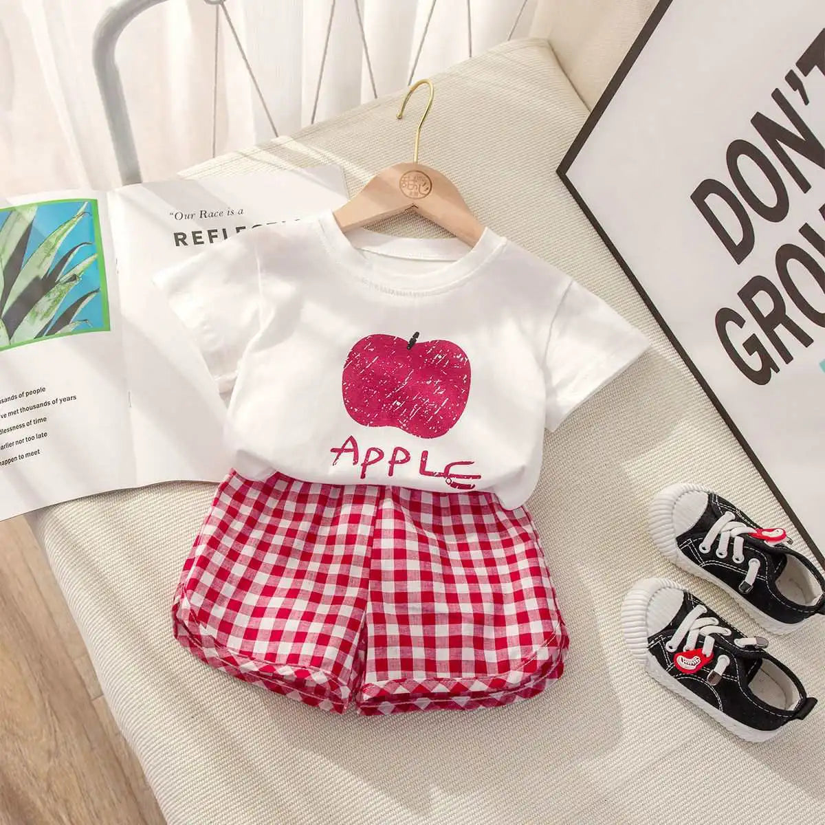 Fruit T-shirt Plaid Shorts Girls 2pc/set Summer Children's Clothes Cotton Kids Short Sleeved Suit Fashion Baby Clothing 1-6Y