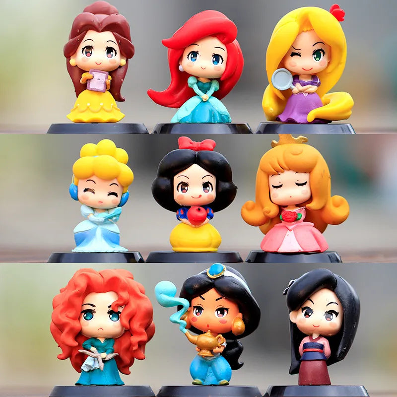 9Pcs/Set Disney Princess Mulan Aurora Cinderella Snow White Mermaid Rapunzel Bella PVC Action Figures Toys 6cm