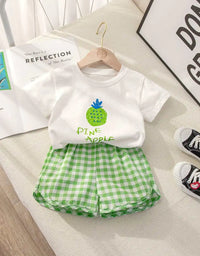 Fruit T-shirt Plaid Shorts Girls 2pc/set Summer Children's Clothes Cotton Kids Short Sleeved Suit Fashion Baby Clothing 1-6Y
