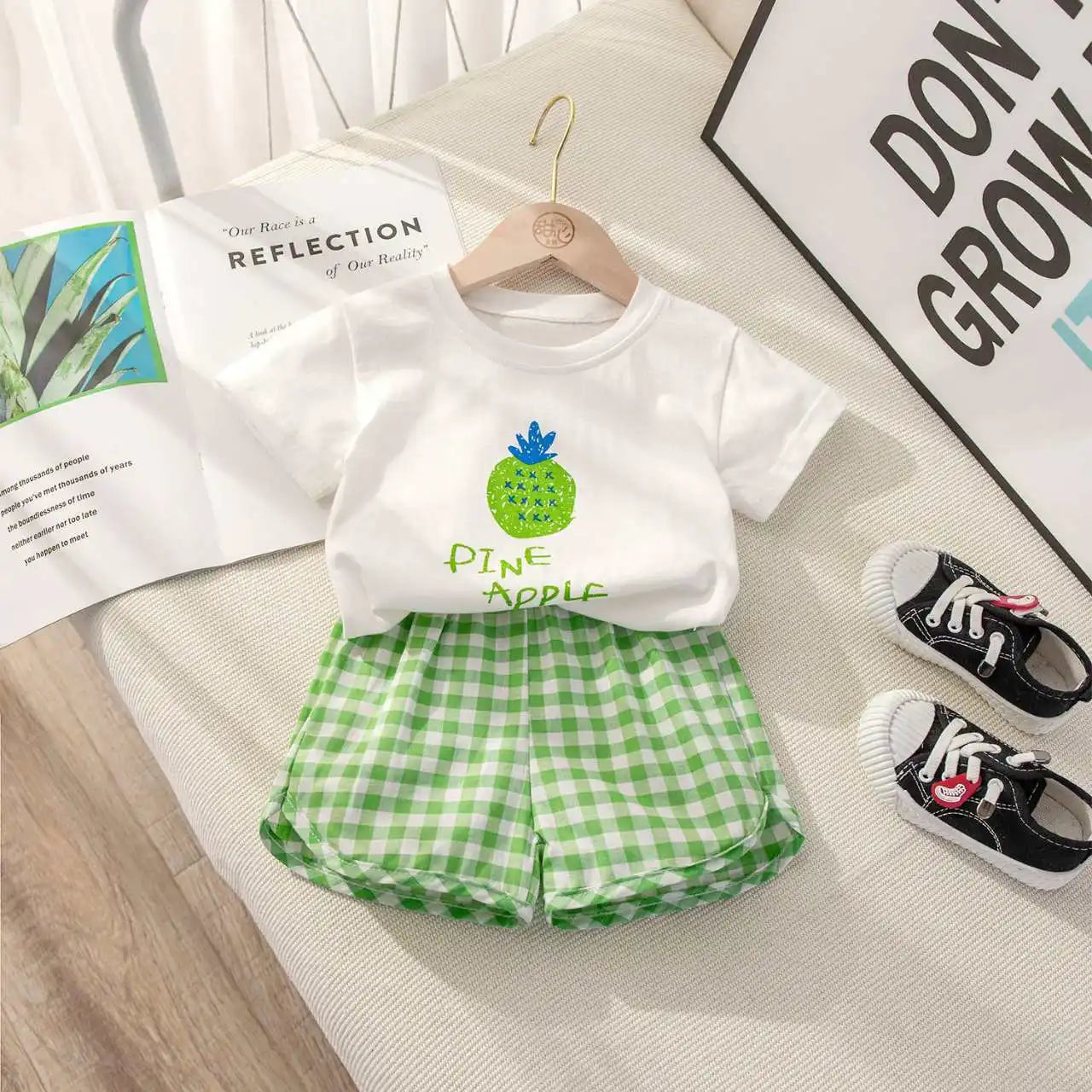 Fruit T-shirt Plaid Shorts Girls 2pc/set Summer Children's Clothes Cotton Kids Short Sleeved Suit Fashion Baby Clothing 1-6Y