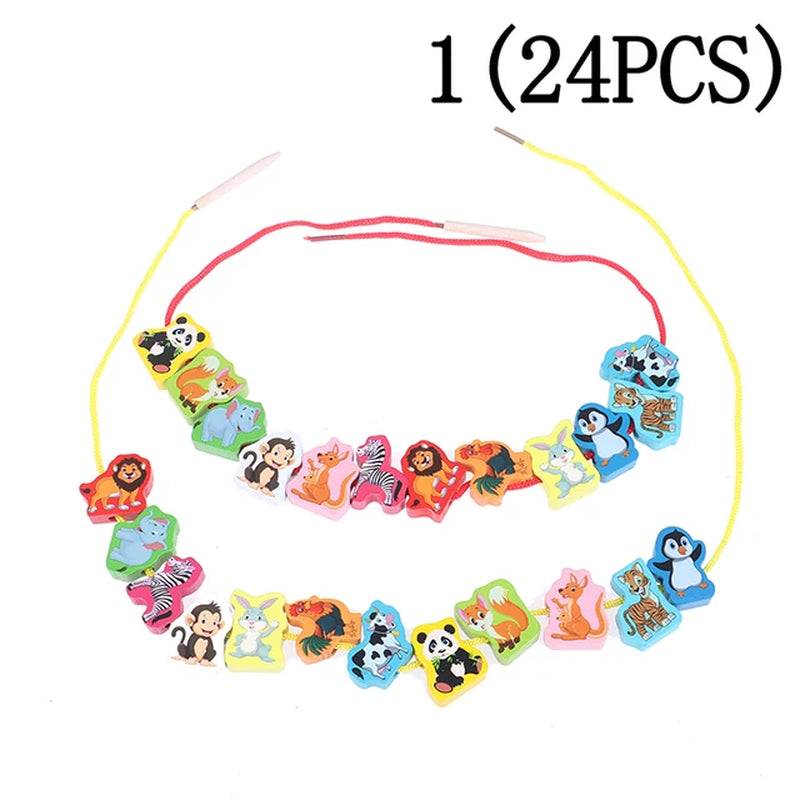 2 Strings Wooden Toys Baby DIY Toy Cartoon Fruit Animal Arithmetic Stringing Threading Wood Beads Toy Educational for Children