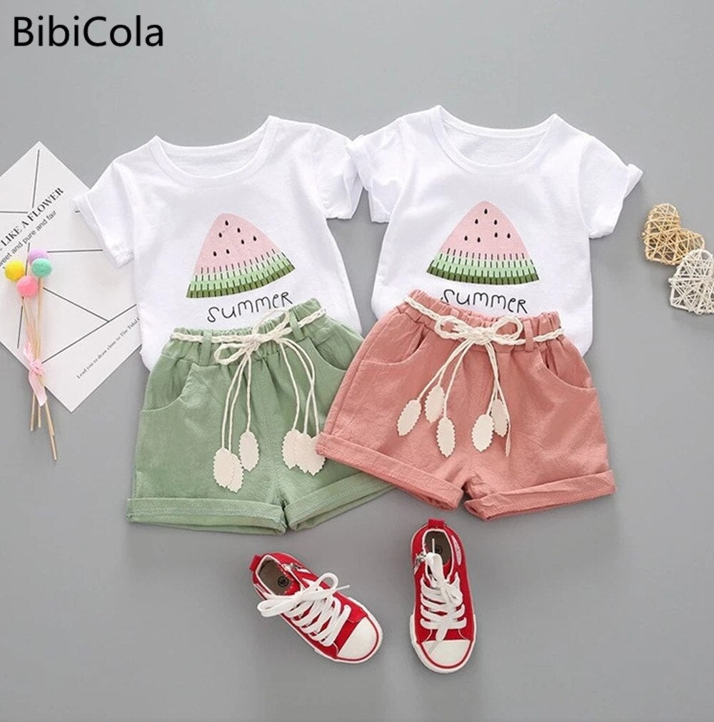 Summer Girls Clothing Set 2Pcs Tracksuit Children Cotton Suit Kids Cartoon Outfits Short Sleeve Baby Girls Clothes Sets