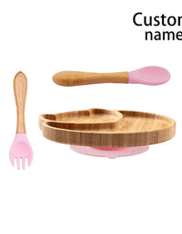 Custom Baby Bamboo Feeding Bowl Spoon Fork Fox Pattern Food Tableware Kids Wooden Training Plate Silicone Suction Cup Removable
