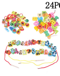 2 Strings Wooden Toys Baby DIY Toy Cartoon Fruit Animal Arithmetic Stringing Threading Wood Beads Toy Educational for Children
