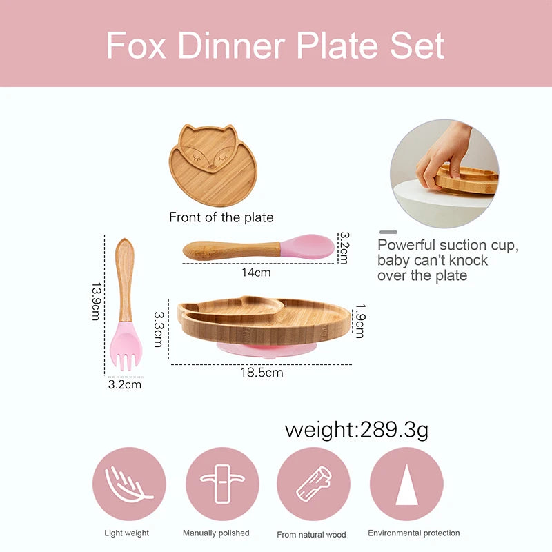 Custom Baby Bamboo Feeding Bowl Spoon Fork Fox Pattern Food Tableware Kids Wooden Training Plate Silicone Suction Cup Removable