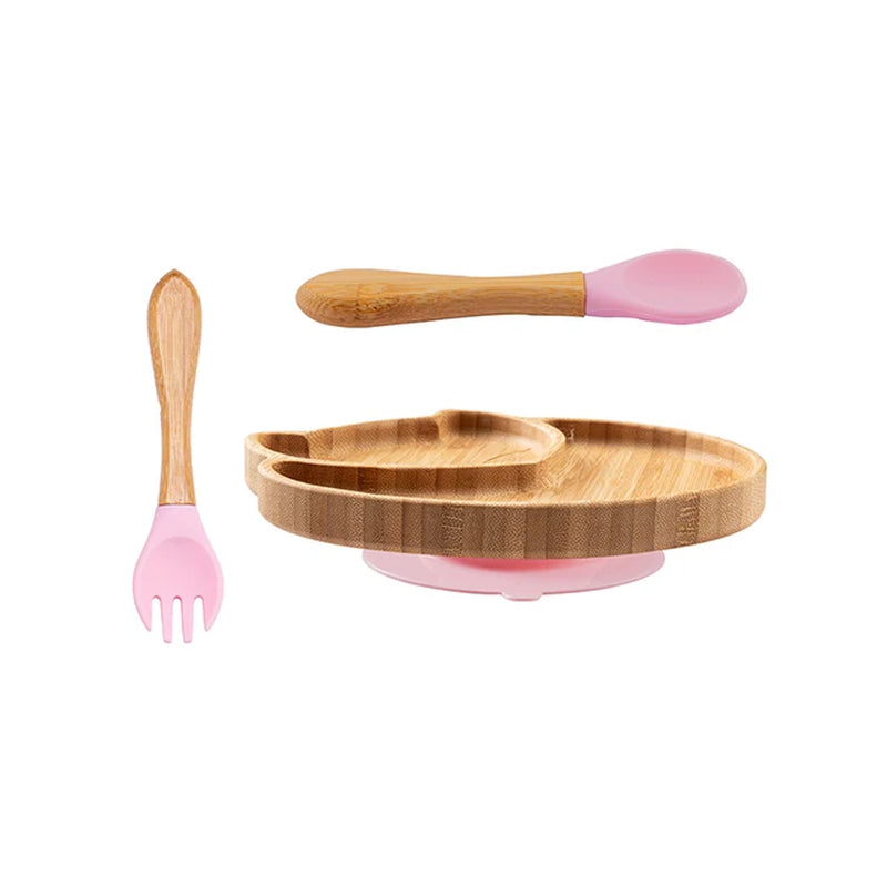 Custom Baby Bamboo Feeding Bowl Spoon Fork Fox Pattern Food Tableware Kids Wooden Training Plate Silicone Suction Cup Removable