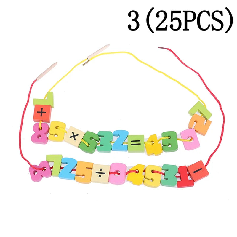 2 Strings Wooden Toys Baby DIY Toy Cartoon Fruit Animal Arithmetic Stringing Threading Wood Beads Toy Educational for Children