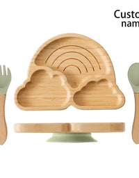 Custom Baby Bamboo Feeding Bowl Spoon Fork Fox Pattern Food Tableware Kids Wooden Training Plate Silicone Suction Cup Removable
