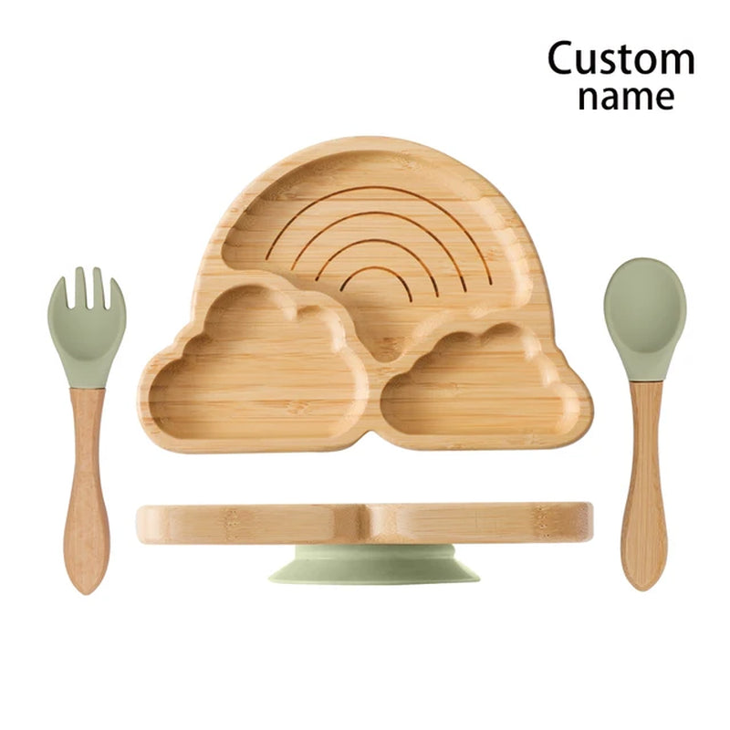 Custom Baby Bamboo Feeding Bowl Spoon Fork Fox Pattern Food Tableware Kids Wooden Training Plate Silicone Suction Cup Removable