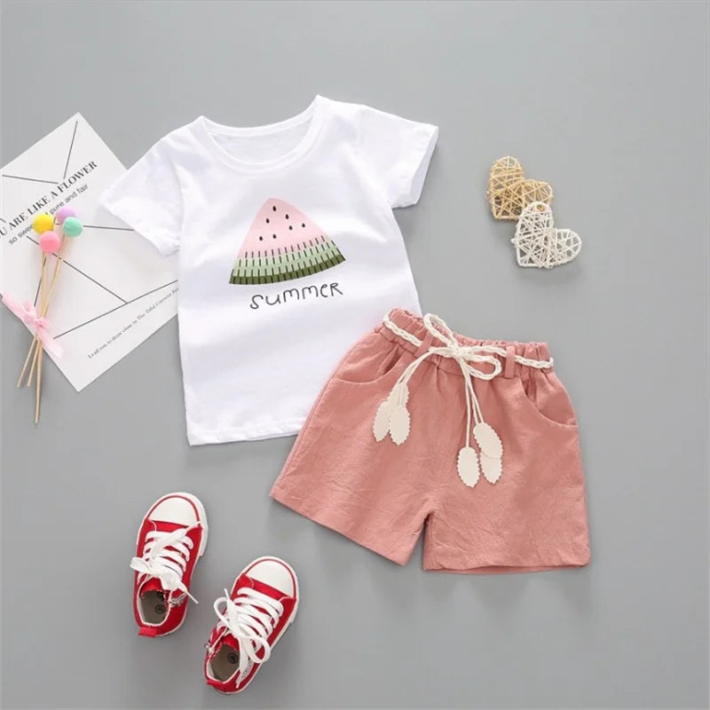 Summer Girls Clothing Set 2Pcs Tracksuit Children Cotton Suit Kids Cartoon Outfits Short Sleeve Baby Girls Clothes Sets